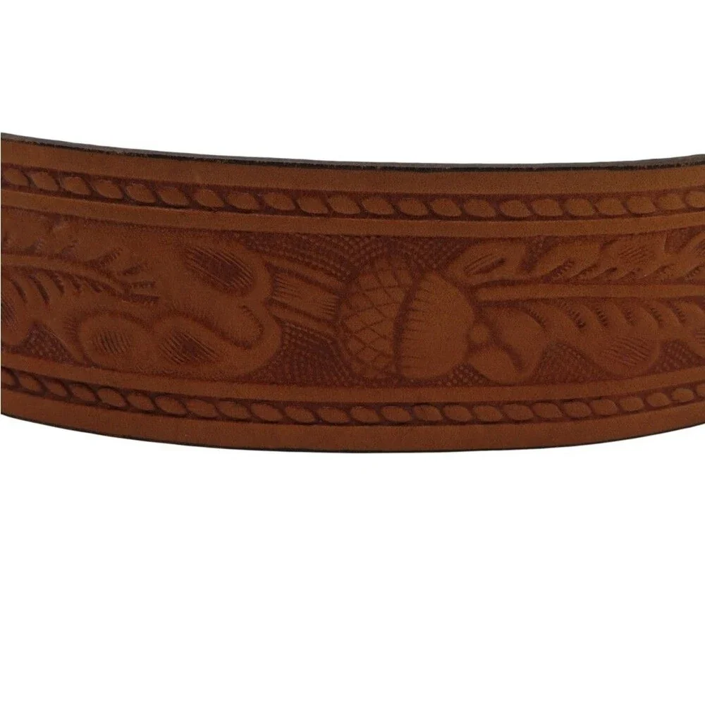 Vintage Western Tooled Leather Belt Acorn Oak Leaf USA Made Size 40 Brass Buckle